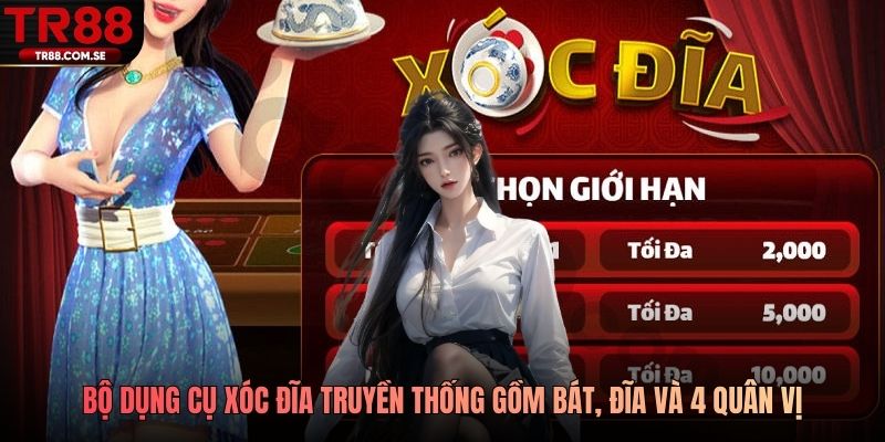 Bộ dụng cụ xóc đĩa truyền thống gồm bát, đĩa và 4 quân vị